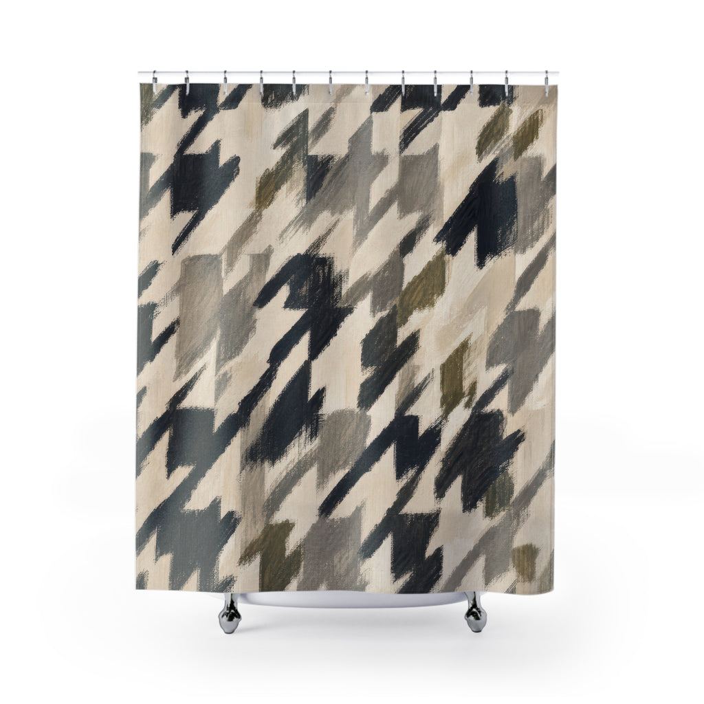 Painterly Houndstooth Shower Curtain, Black Charcoal Check Bath Decor, Brushy Broken Pattern, Modern Neutral Guest Bathroom Style Decor