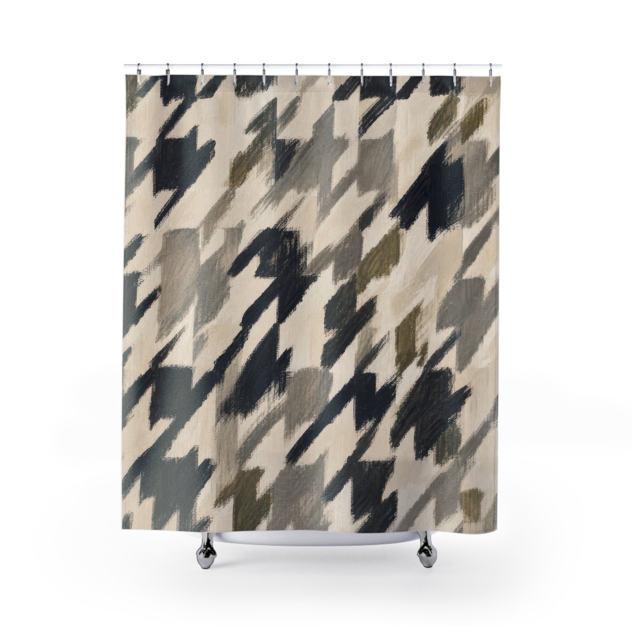 Painterly Houndstooth Shower Curtain, Black Charcoal Check Bath Decor, Brushy Broken Pattern, Modern Neutral Guest Bathroom Style Decor