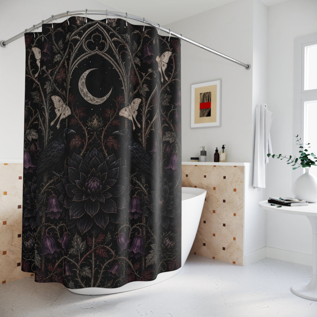 Gothic Floral Shower Curtain, Moonlit Raven Moth Garden