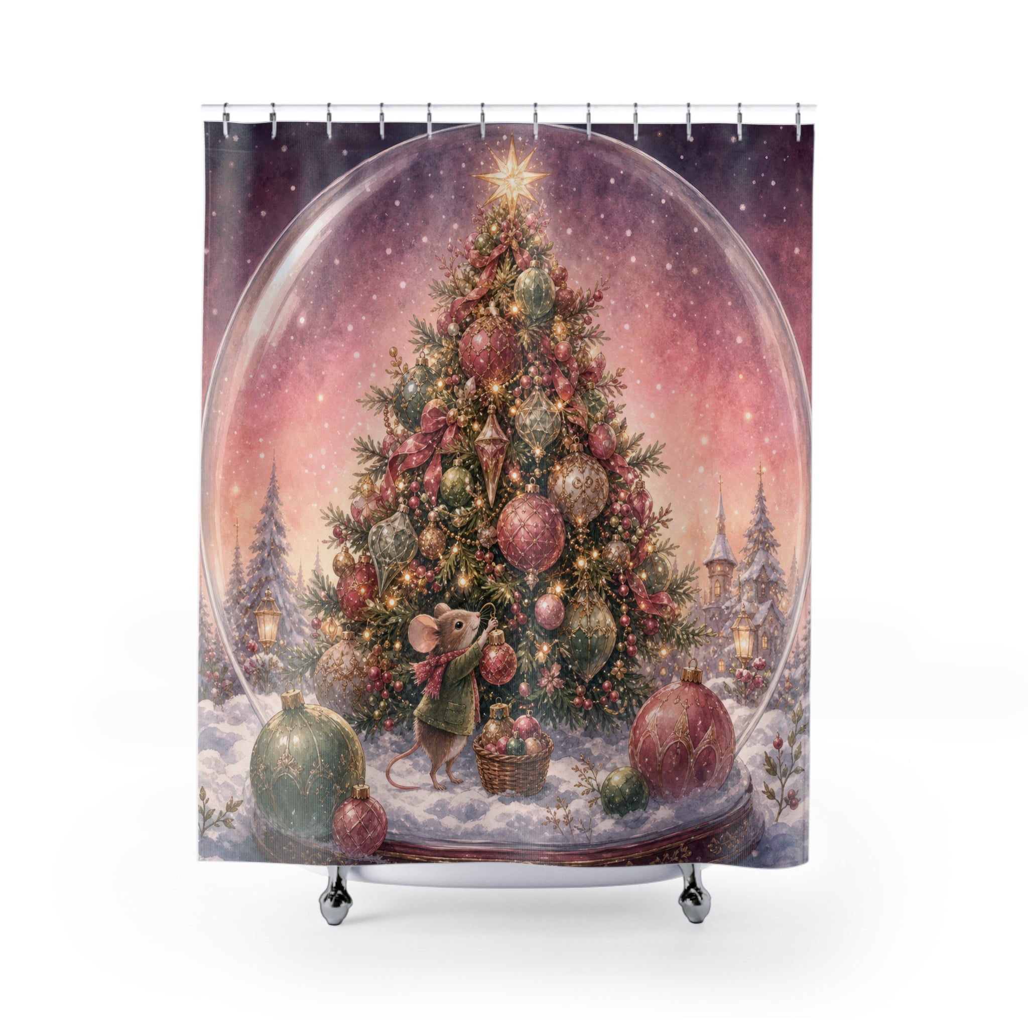 Pink Christmas tree and mouse inside a snow globe shower curtain with full front view