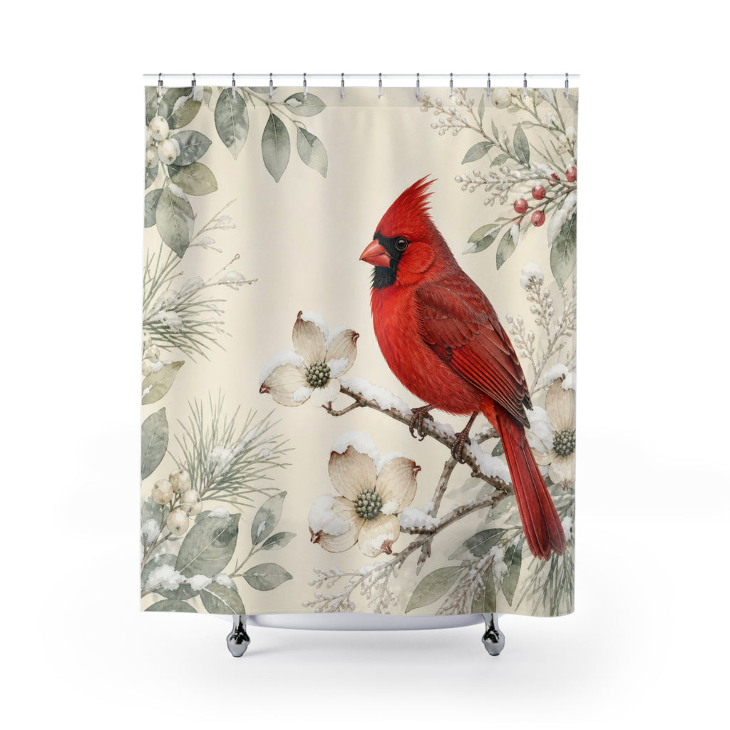 Red cardinal with sage winter botanicals shower curtain with full front view