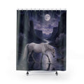 Pale wild mare crossing a moonlit canyon river shower curtain with full front view