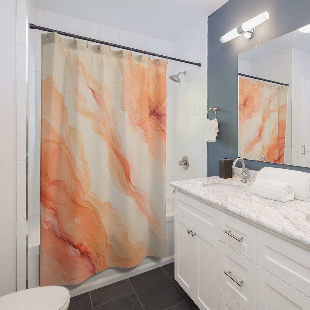 Peach mineral plume abstract shower curtain beside a white vanity
