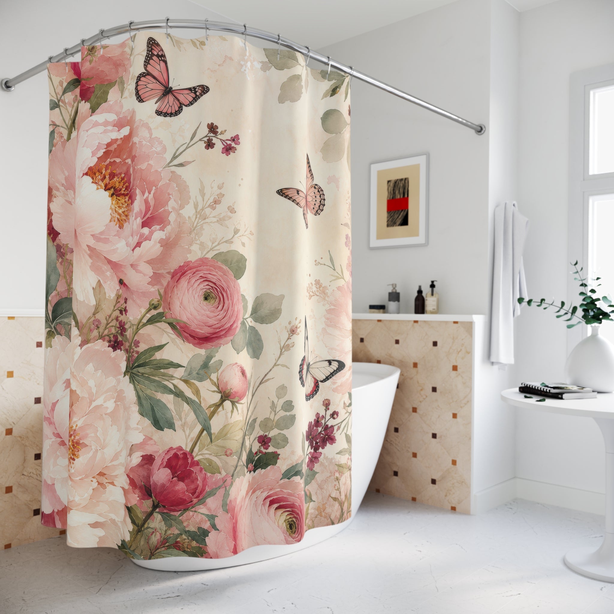 Pink Watercolor Peony Garden Shower Curtain