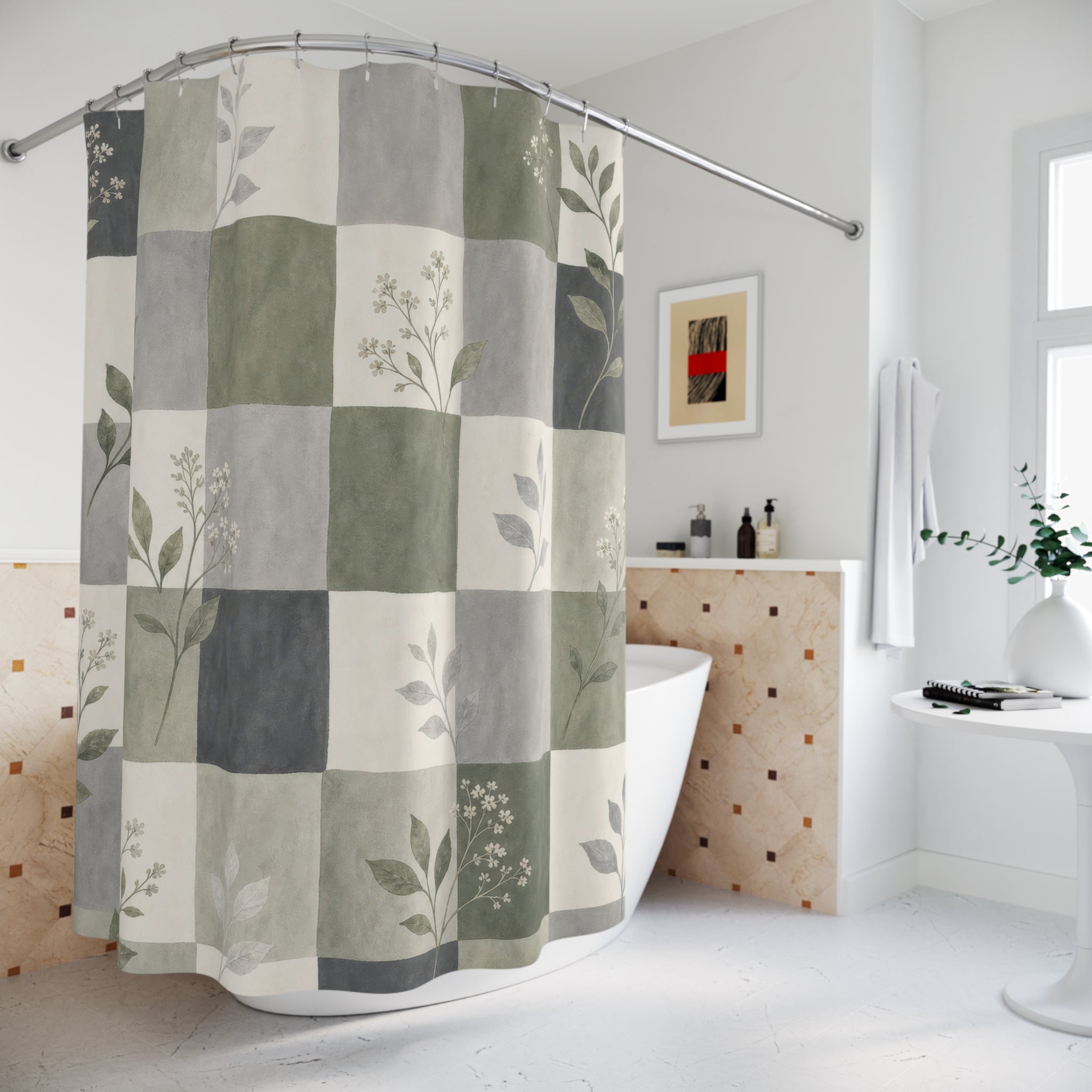Green Grey Patchwork Shower Curtain