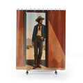 Full-length cowboy standing in a sunlit adobe doorway shower curtain with full front view
