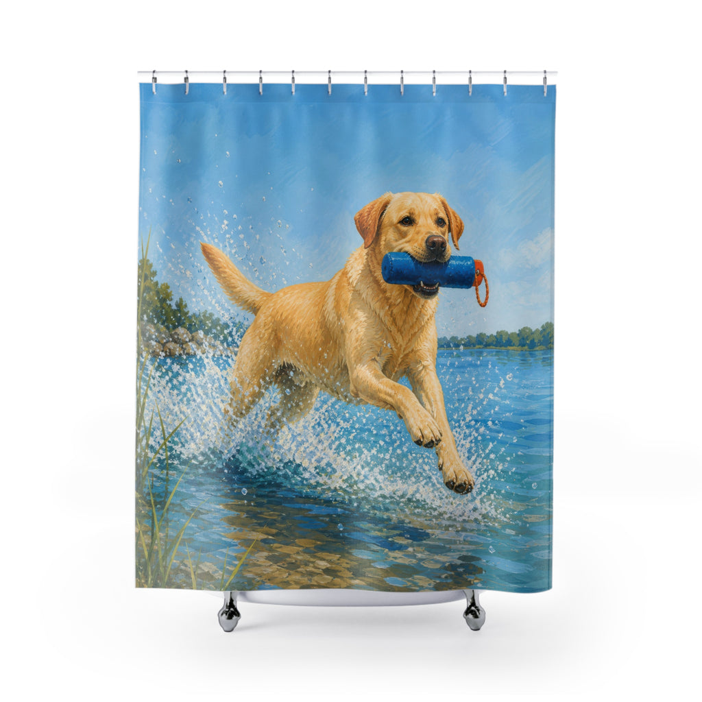 Yellow Labrador splashing through blue lake water shower curtain with full front view
