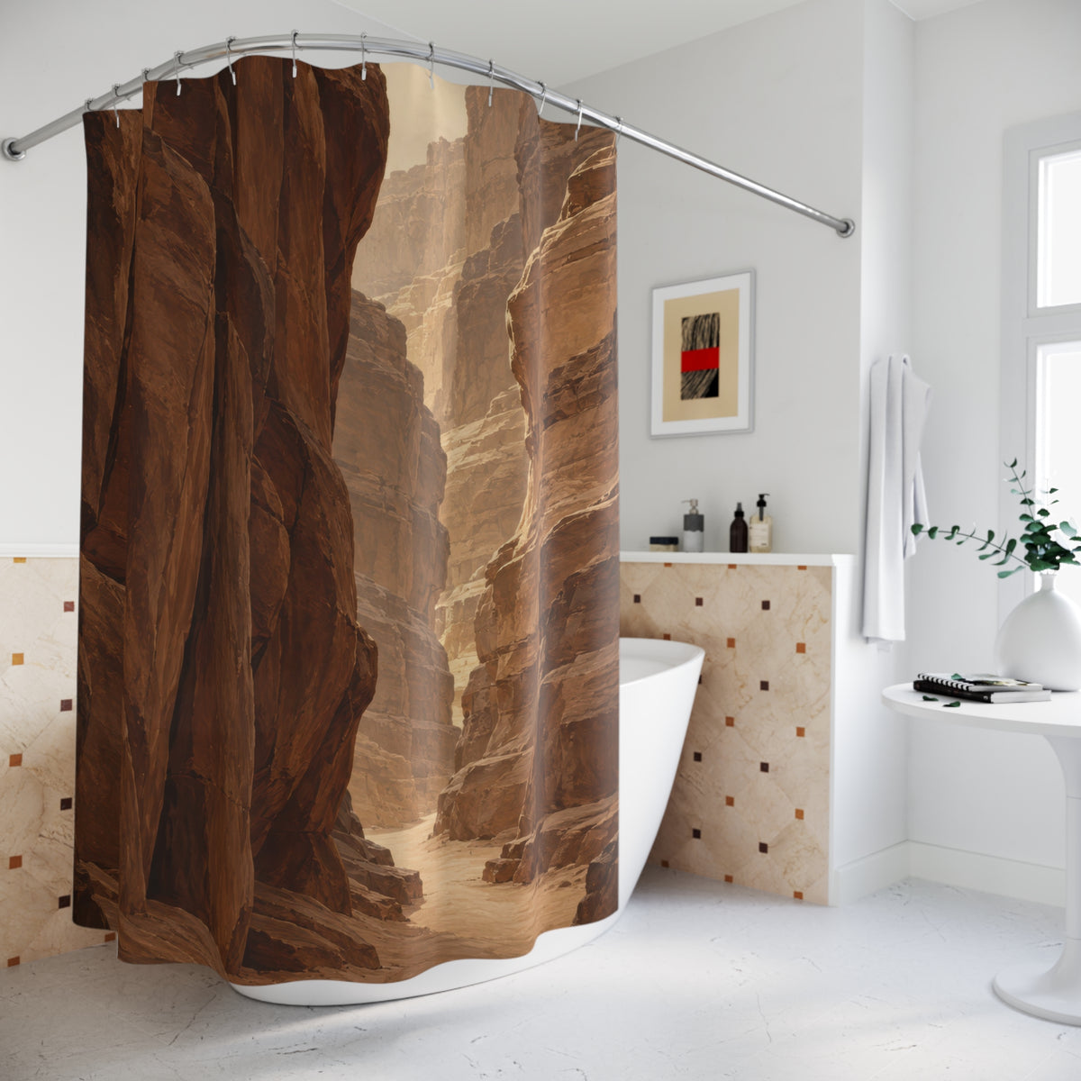 Chestnut canyon cliffs beside a winding sandy passage shower curtain beside a freestanding tub