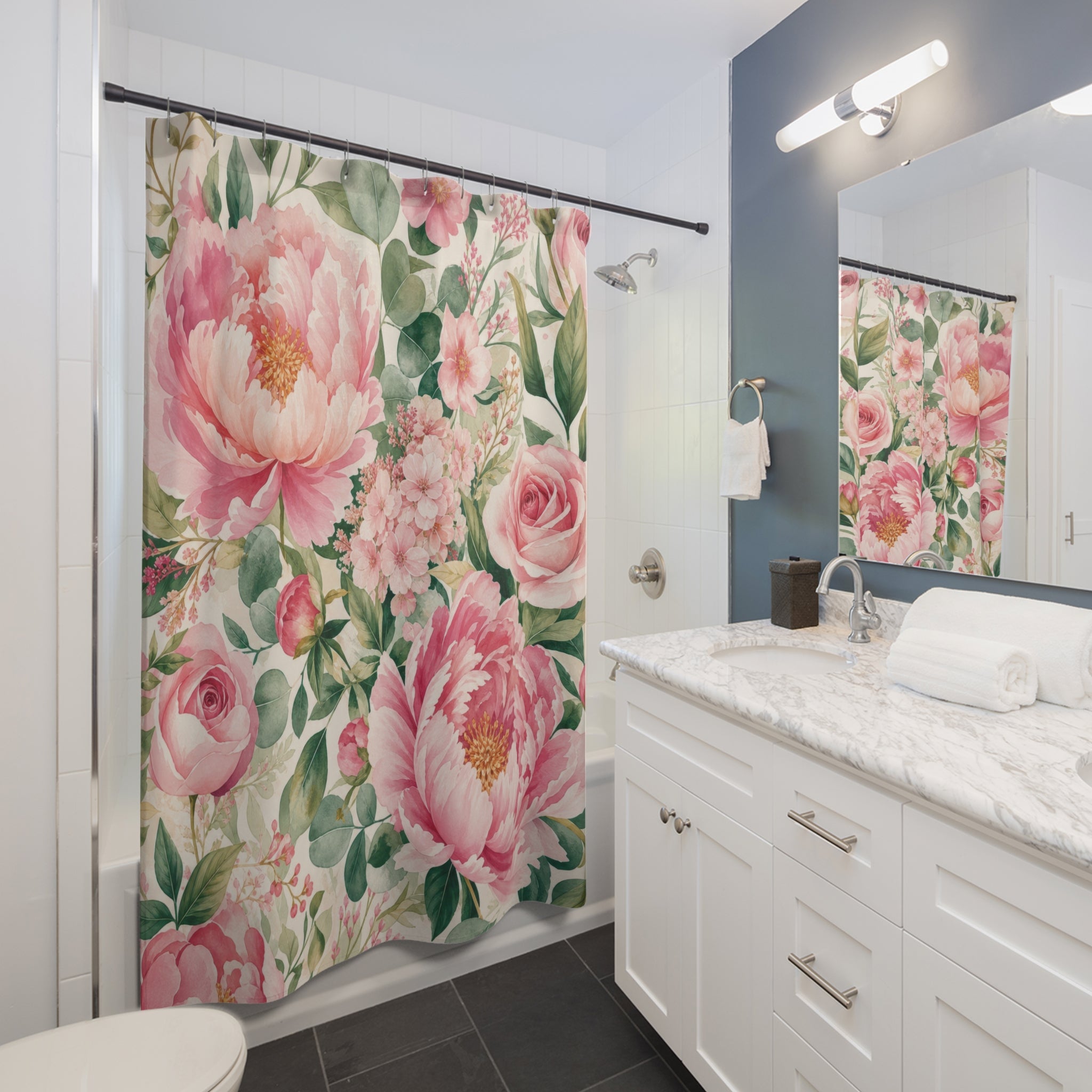 Pink and Green Shower Curtain: Rose Garden Floral Pattern