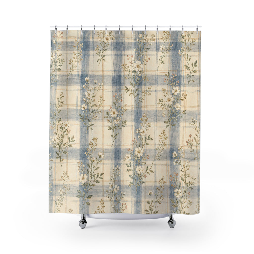 Farmhouse Plaid Floral Blue Shower Curtain