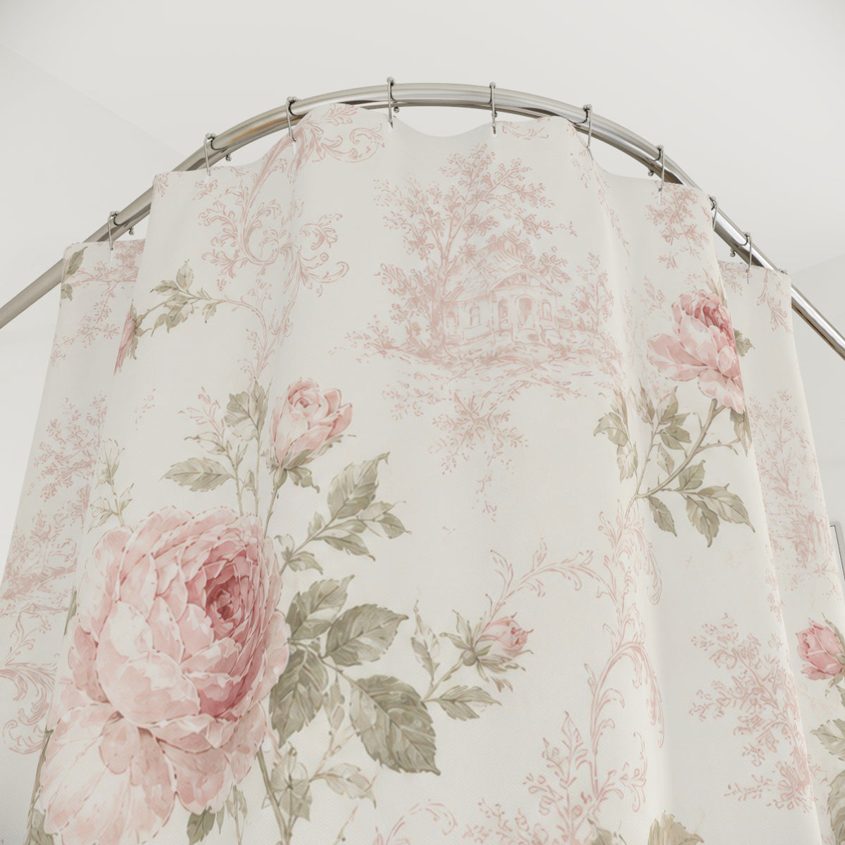 Pink Rose Floral Shabby Chic Botanical Vintage shower curtain with close-up print, hooks, and folds