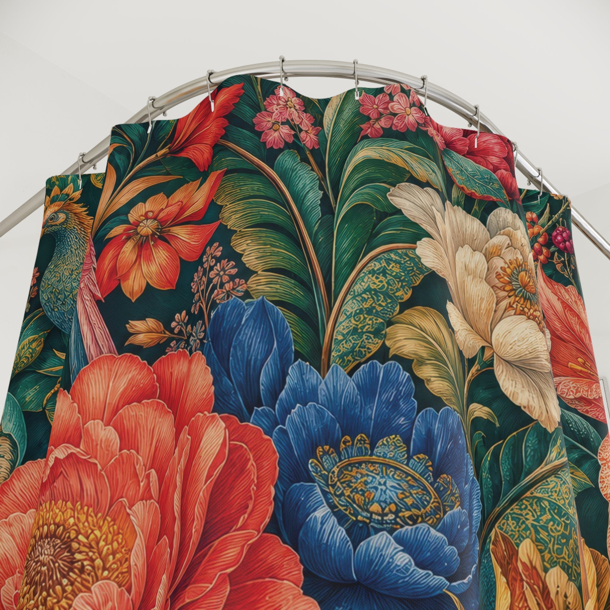 Maximalist Floral Shower Curtain: Bright Red Blue