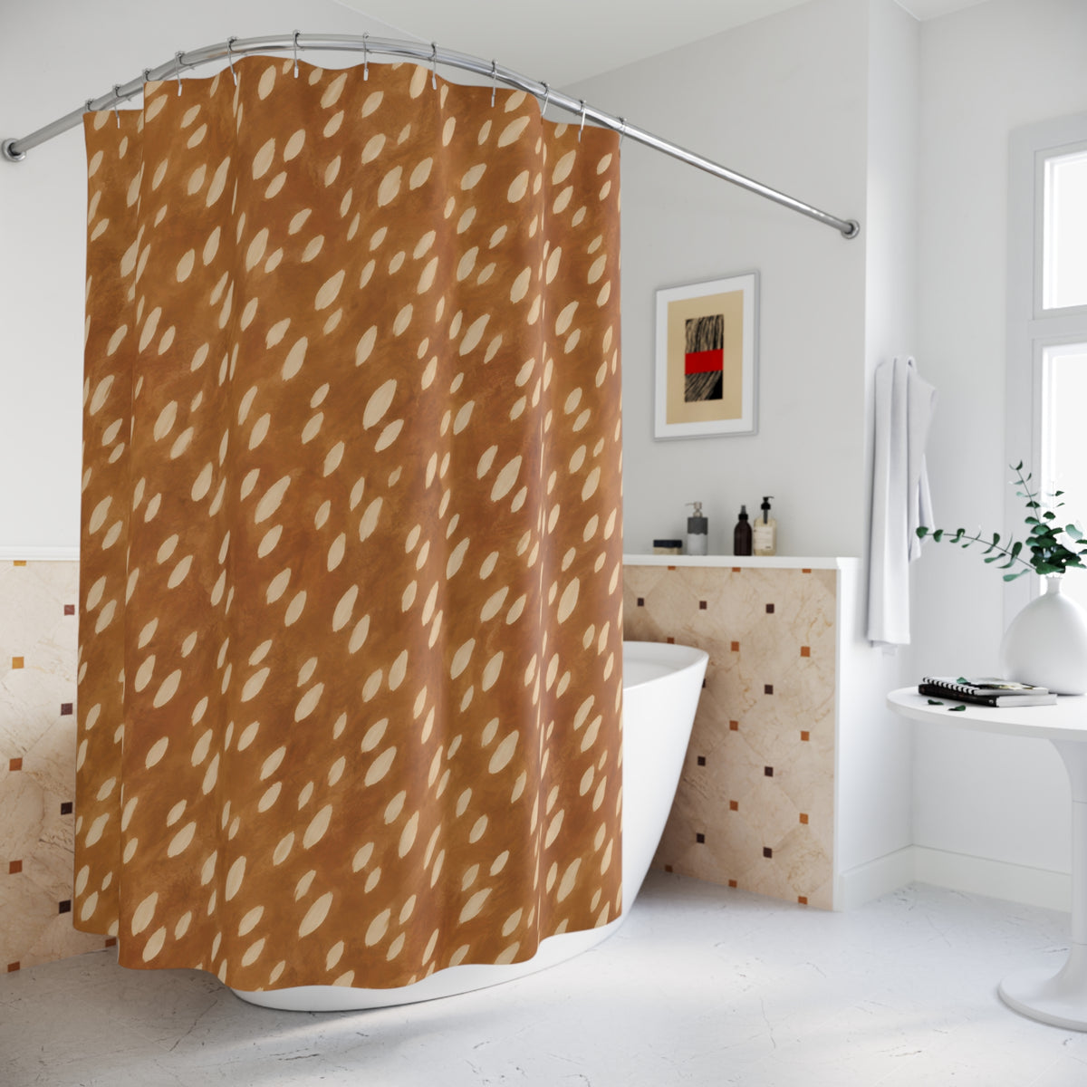 Ivory fawn spots scattered over golden caramel brown shower curtain beside a freestanding tub