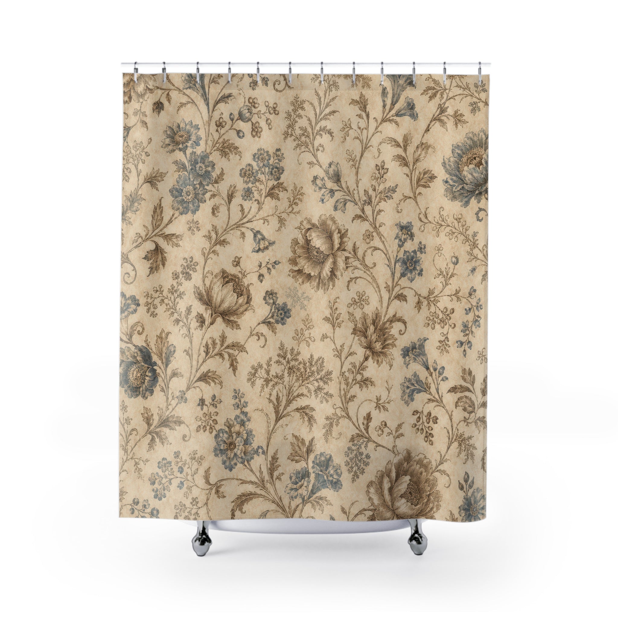 Blue Beige Floral Shower Curtain