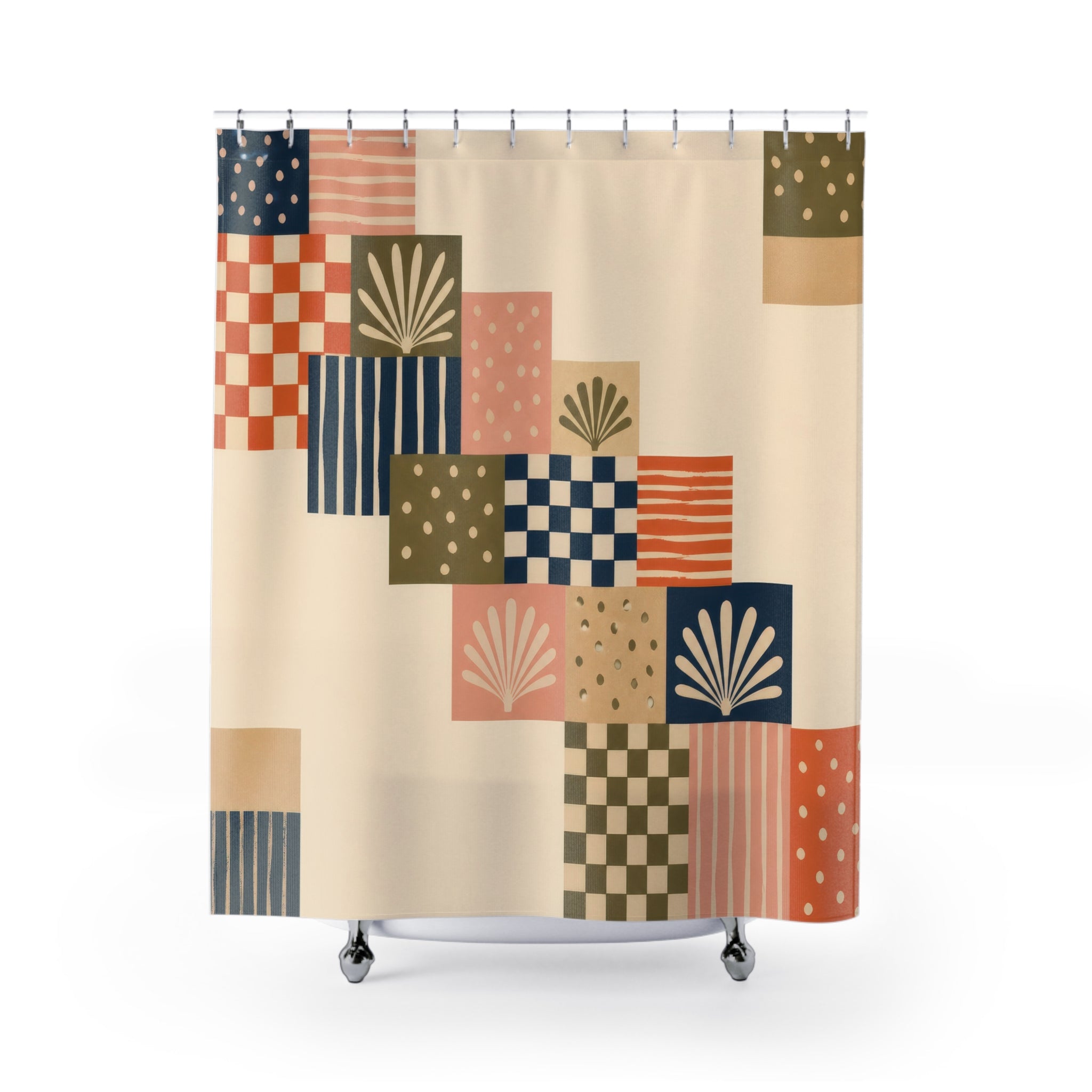 Indigo stepped patchwork panels shower curtain with full front view