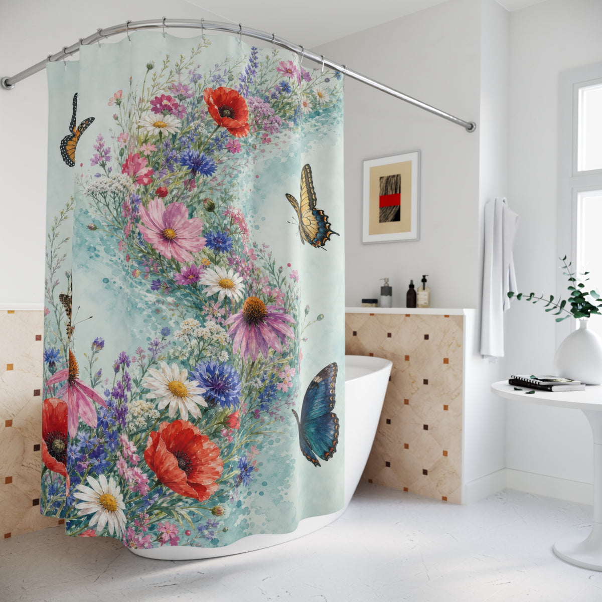 Watercolor wild flower sweep with poppies and butterflies shower curtain beside a freestanding tub