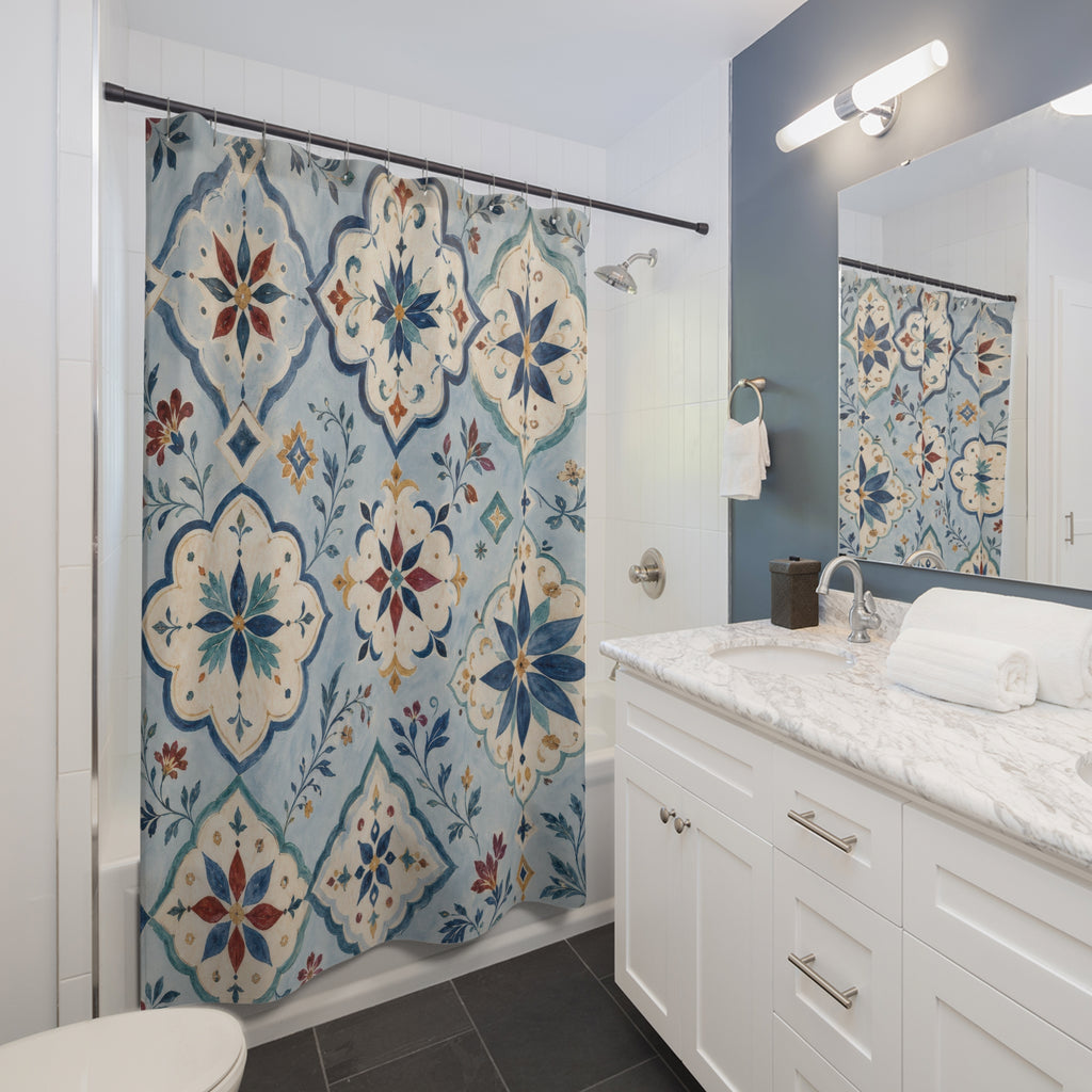 Blue Moroccan Tile Shower Curtain, Mediterranean Bathroom Decor, Blue Tile Bath Curtain, Patterned Guest Bathroom Decor, Tile Bath Decor