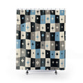 Retro Checkerboard Shower Curtain, Blue Black Star Tile Pattern, Atomic Bathroom Decor, Bold Blue Atomic Wall Decor Guest Bath Wall Gift