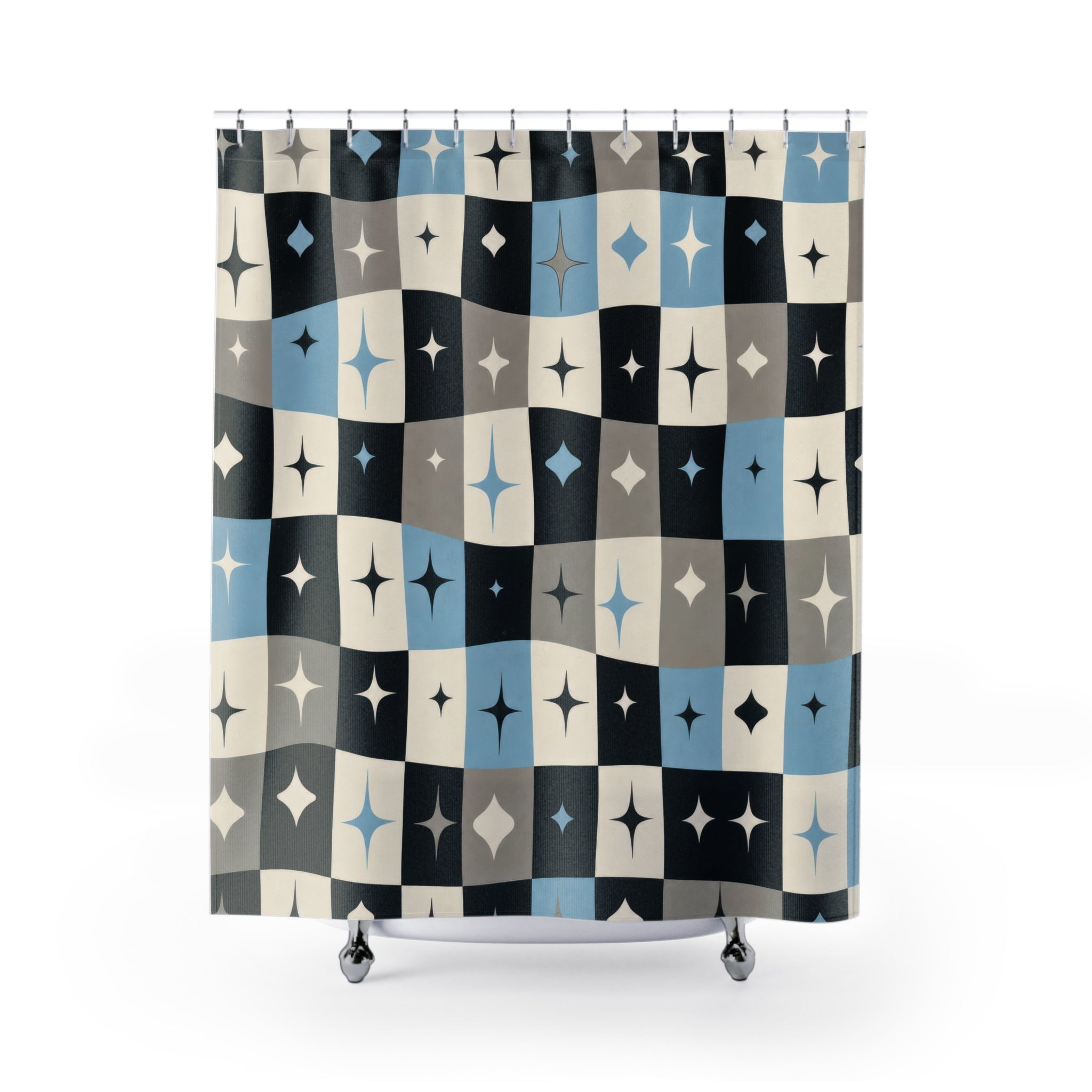Retro Checkerboard Shower Curtain, Blue Black Star Tile Pattern, Atomic Bathroom Decor, Bold Blue Atomic Wall Decor Guest Bath Wall Gift
