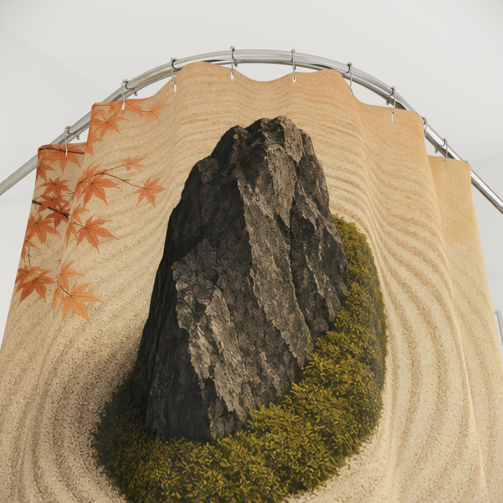 Charcoal stone and moss crescent in raked ivory gravel shower curtain with close-up print, hooks, and folds