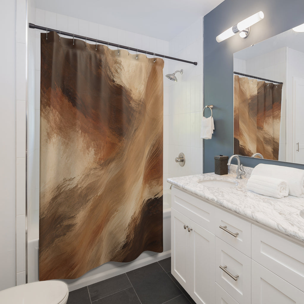Umber and camel brushstrokes with cream openings shower curtain beside a white vanity