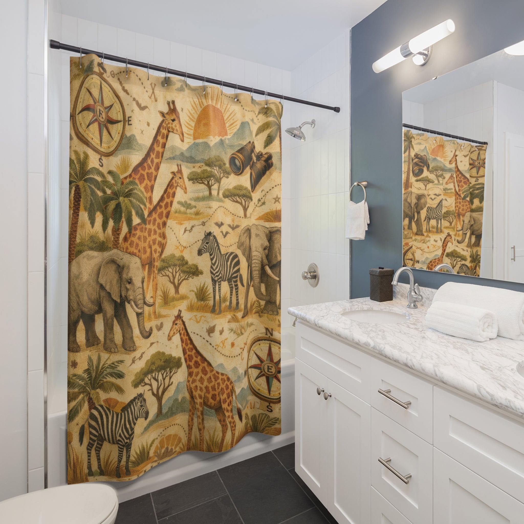 Kids Safari Shower Curtain – Beige Olive Explorer