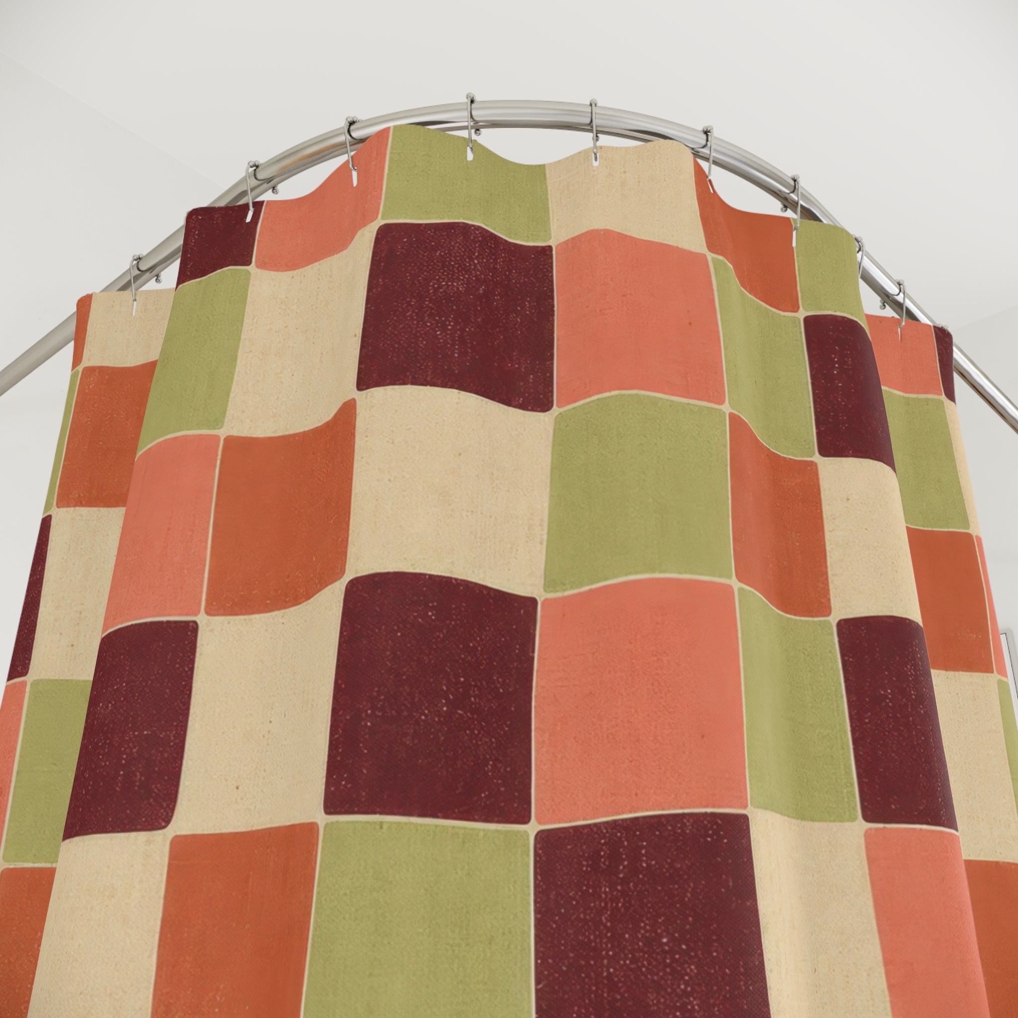 Retro Red Green Color Block Checkerboard Shower Curtain
