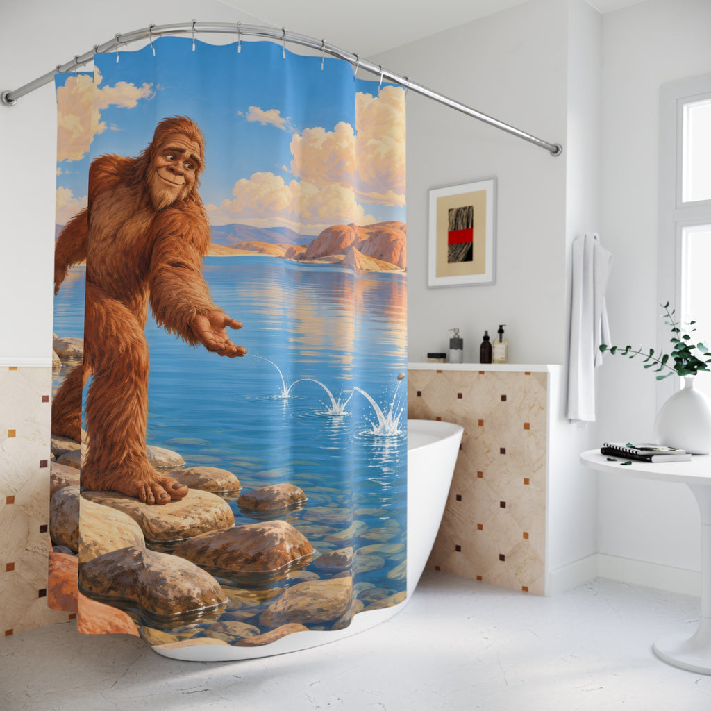 Cinnamon Bigfoot skipping a stone across a blue lake shower curtain beside a freestanding tub