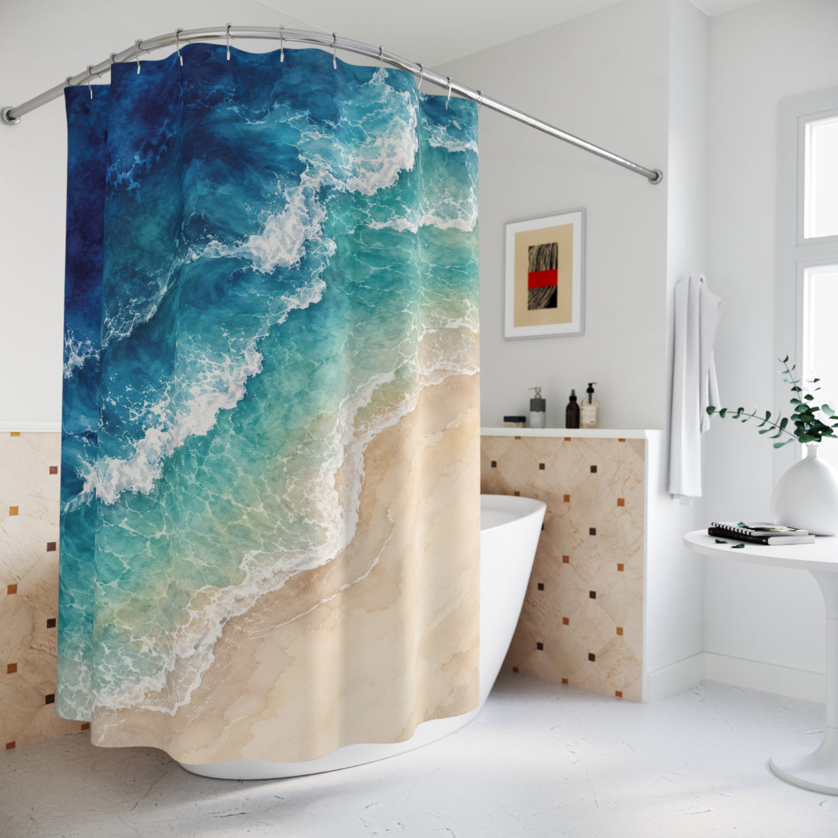 Blue and turquoise surf beside a pale sandy shore shower curtain beside a freestanding tub