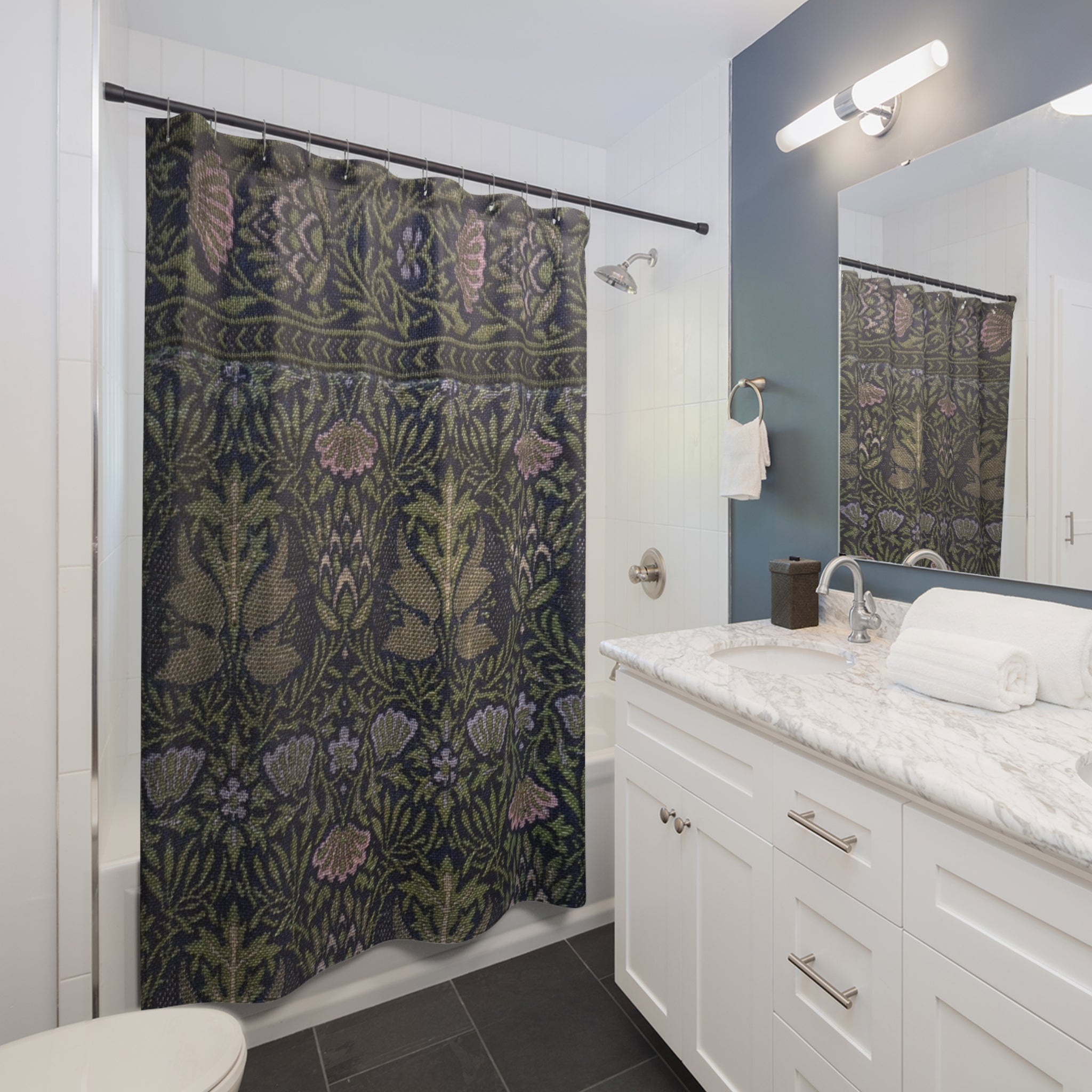 Morris Artichoke Shower Curtain – Dark Blue-Green Botanical