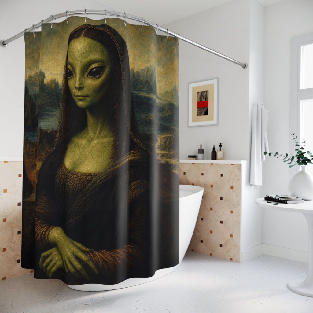 Unique Funny Shower Curtain, Alien Mona Lisa Classic Art Parody, UFO Inspired Bathroom Humor, Weird Guest Bath Decor Art