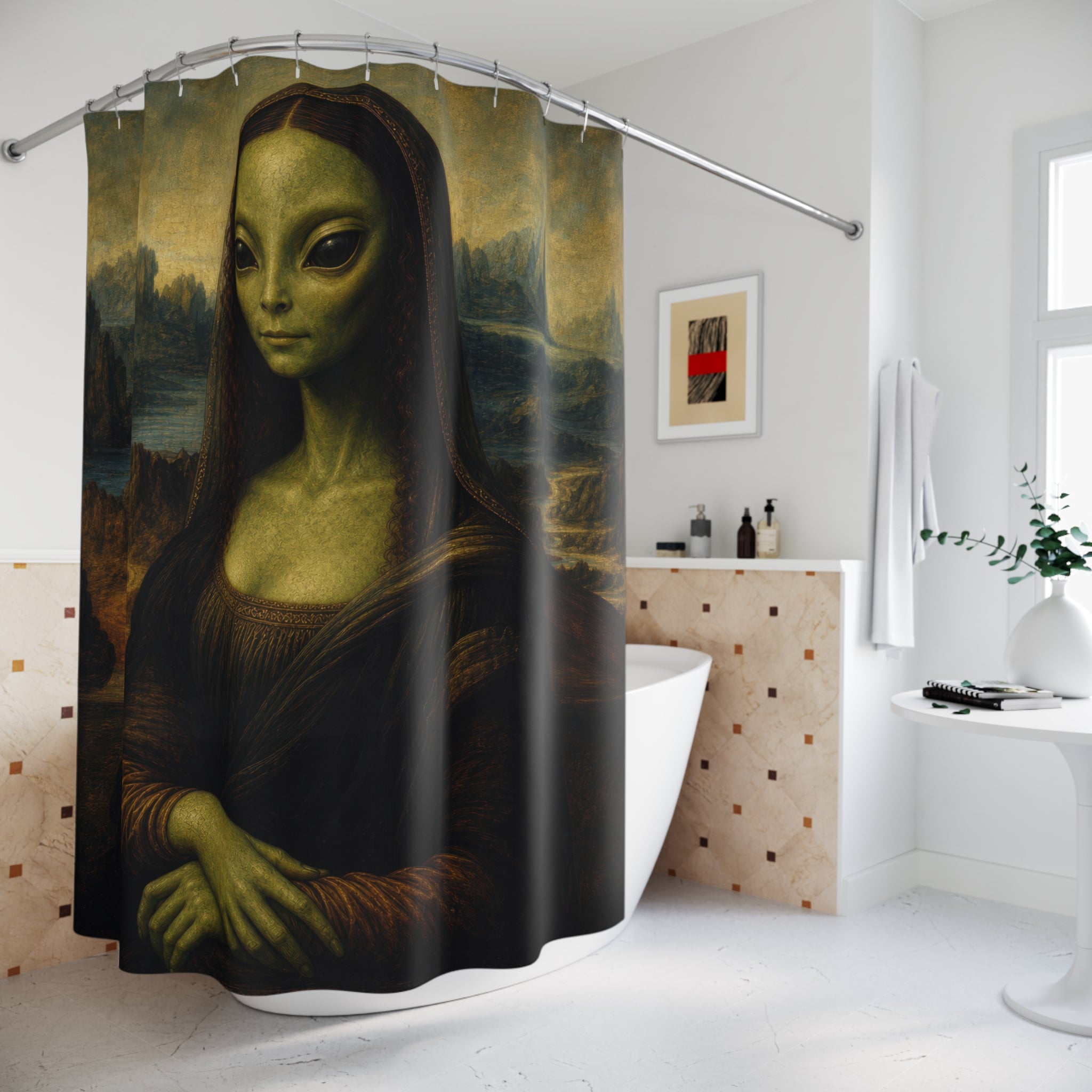 Unique Funny Shower Curtain, Alien Mona Lisa Classic Art Parody, UFO Inspired Bathroom Humor, Weird Guest Bath Decor Art