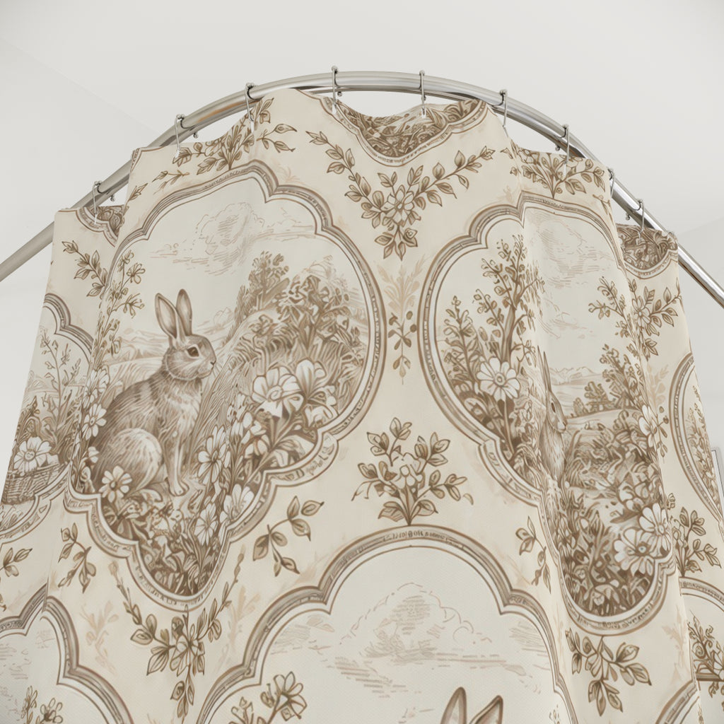 Cream Rabbit Cameo Toile shower curtain with close-up print, hooks, and folds