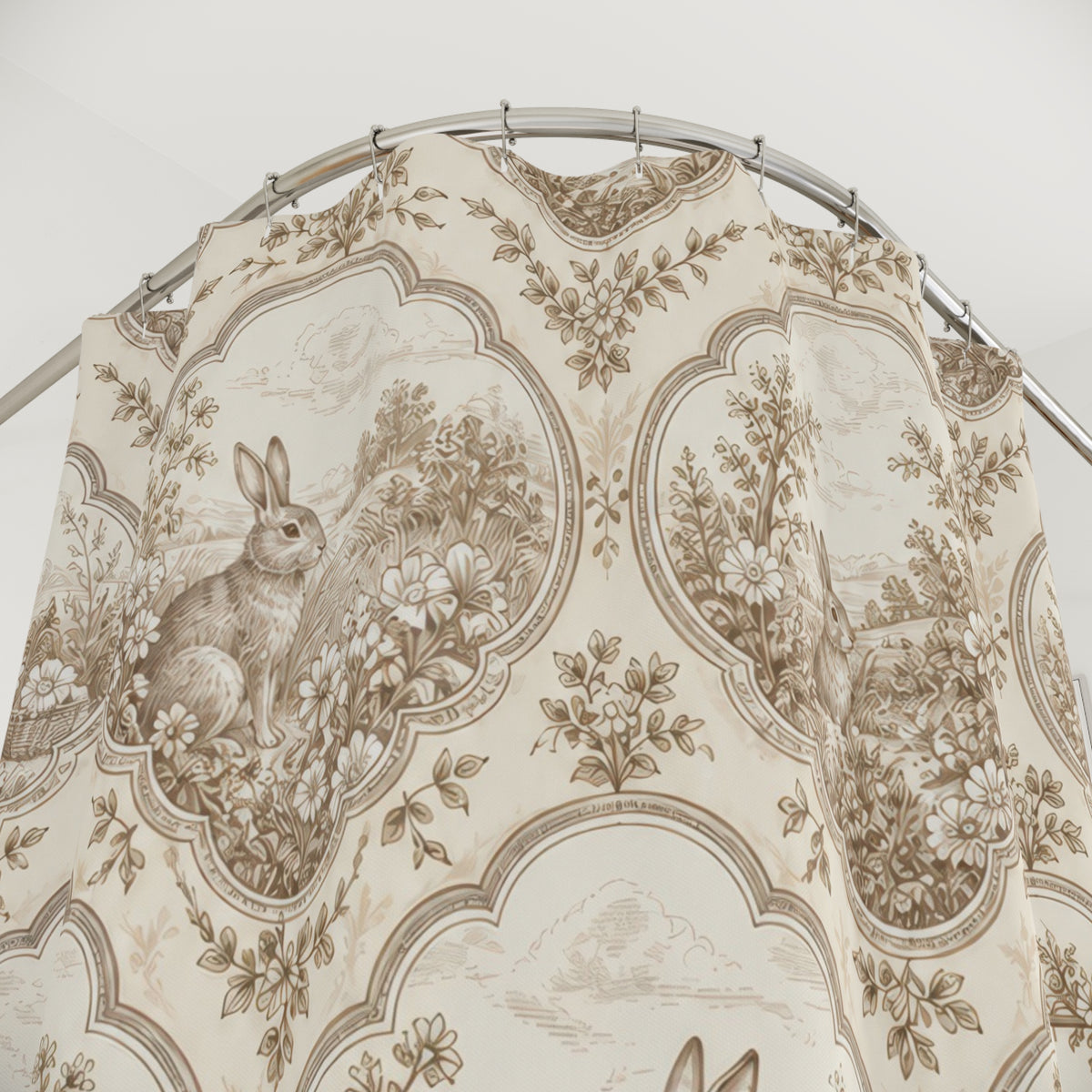 Cream Rabbit Cameo Toile shower curtain with close-up print, hooks, and folds