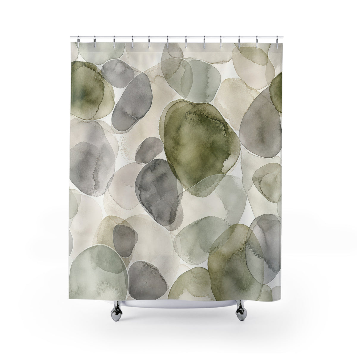 Green Grey Watercolor Circle abstract shower curtain with full front view