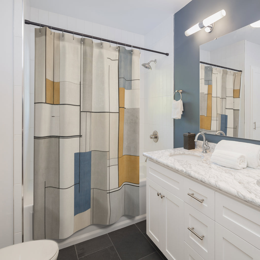 Geometric Shower Curtain, Blue Beige Gray Grid Line Art, Modern Abstract Bath Decor, Architectural Minimalist Bathroom Style, Guest Bath