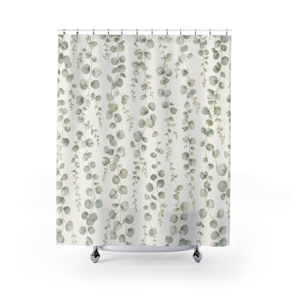 Green Botanical sage eucalyptus hanging shower curtain with full front view