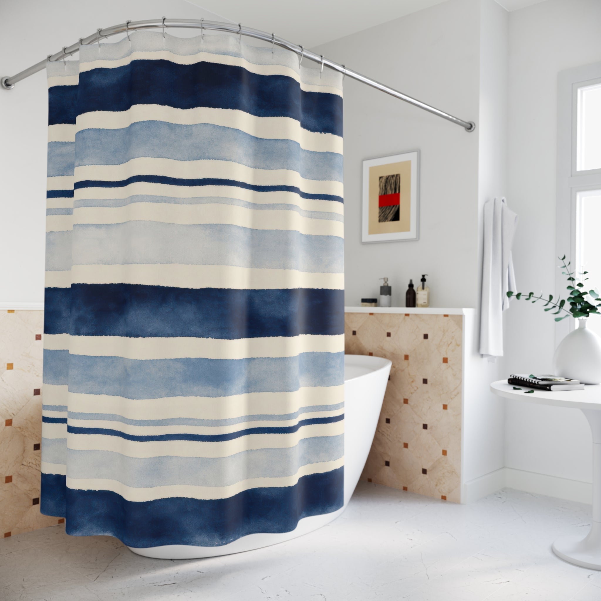 Navy Blue Cream Watercolor Horizontal Stripe Shower Curtain