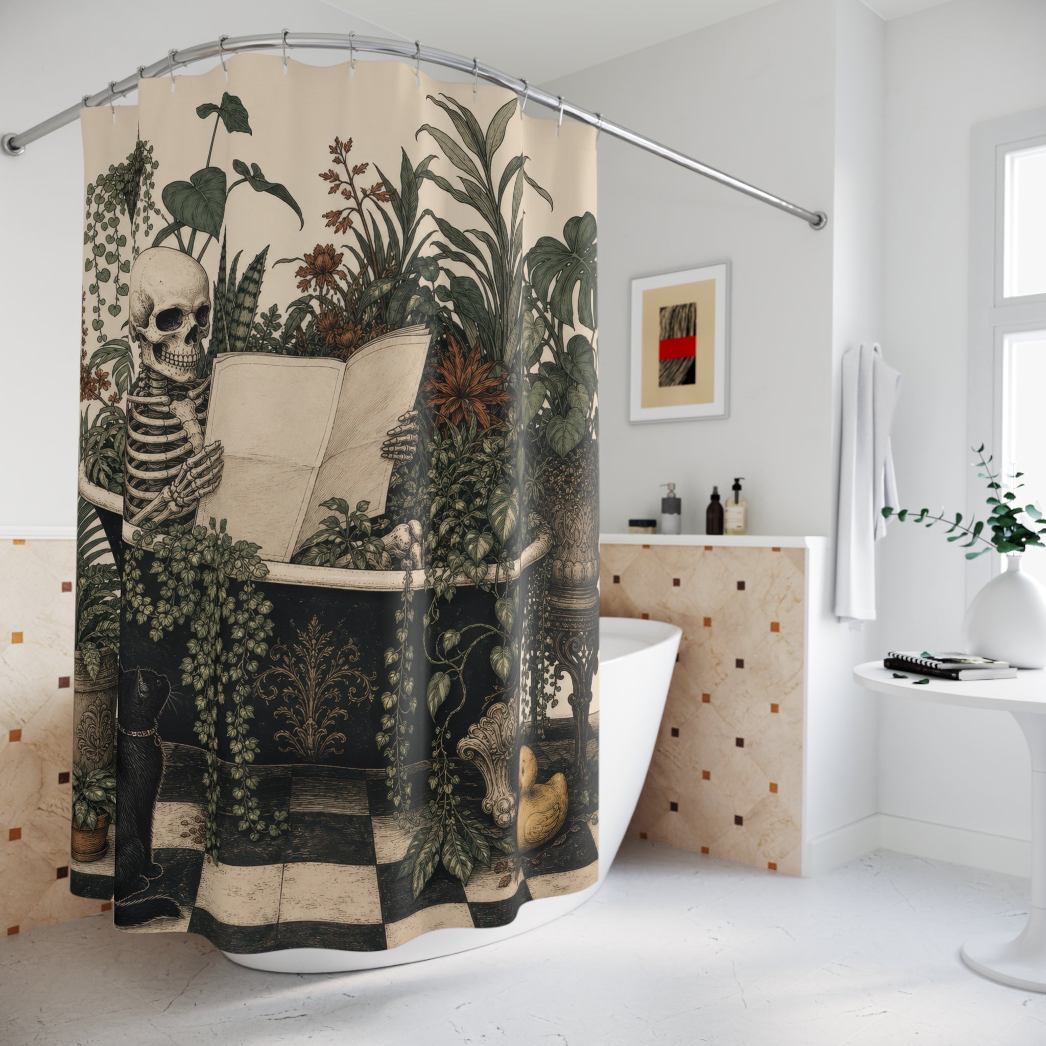 Dark Humor Shower Curtain, Skeleton Reading in Plant Filled Bath