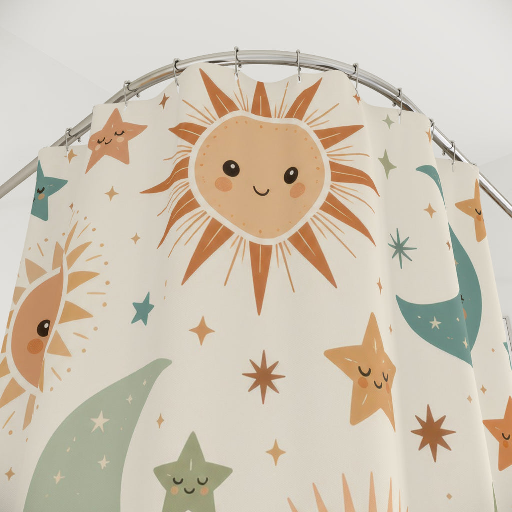 Close-up of Smiling terracotta suns sage moons and stars on cream shower curtain with hooks and folds
