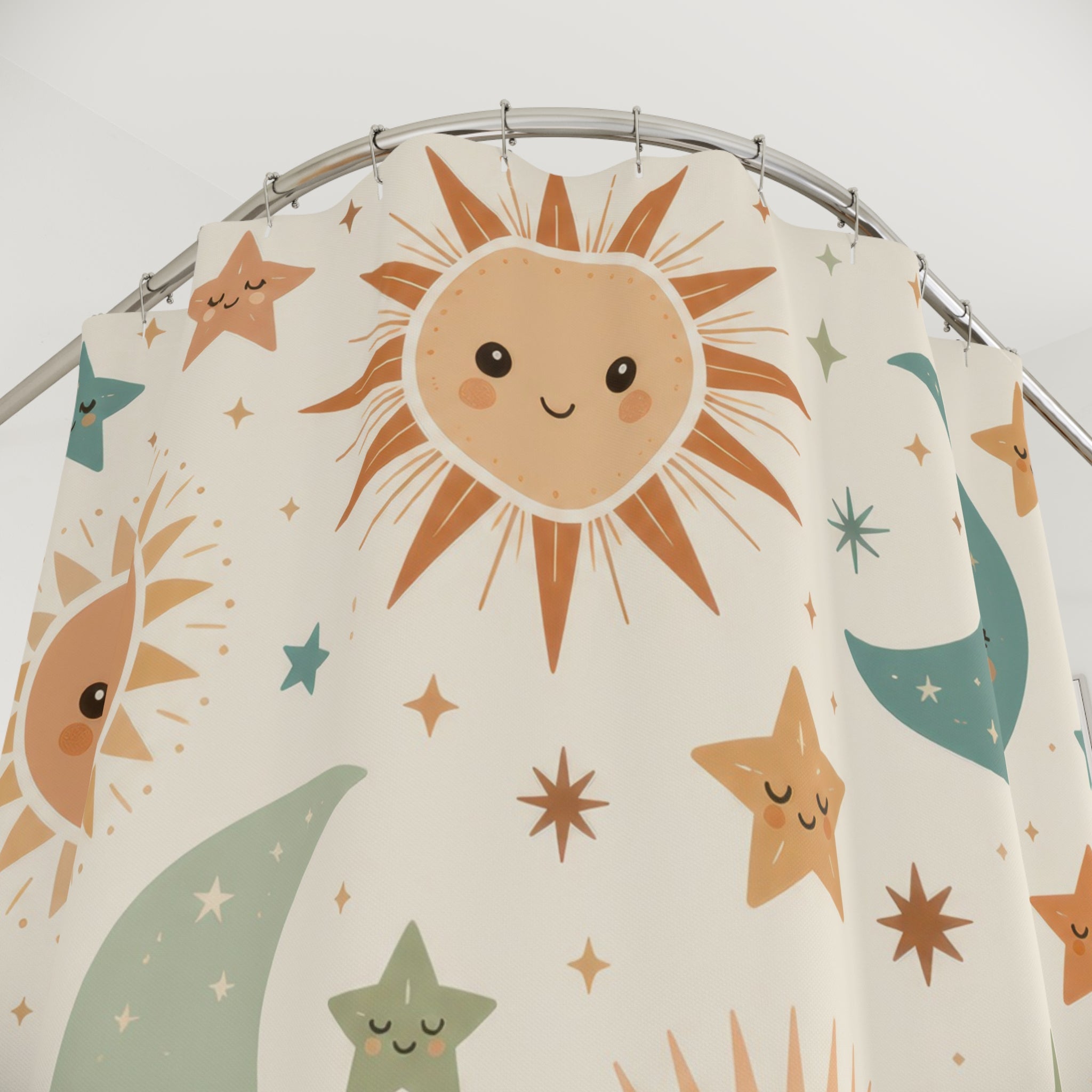 Close-up of Smiling terracotta suns sage moons and stars on cream shower curtain with hooks and folds