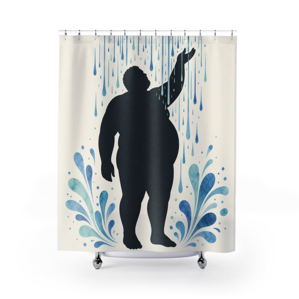 Funny Shower Curtain, Unique Showering Silhouette Art, Blue Water Splash Bathroom Humor, Bold Minimal Novelty Bath Decor, Guest Bath Art
