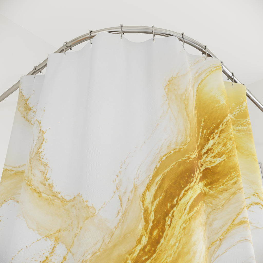 Flowing gold abstract brush forms on white shower curtain with close-up print, hooks, and folds