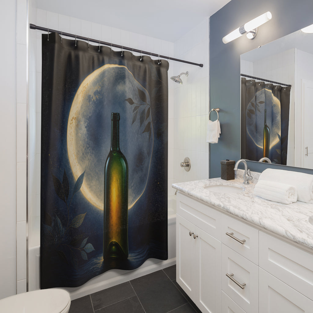 Moonlit green wine bottle with delicate leaf silhouettes shower curtain beside a white vanity