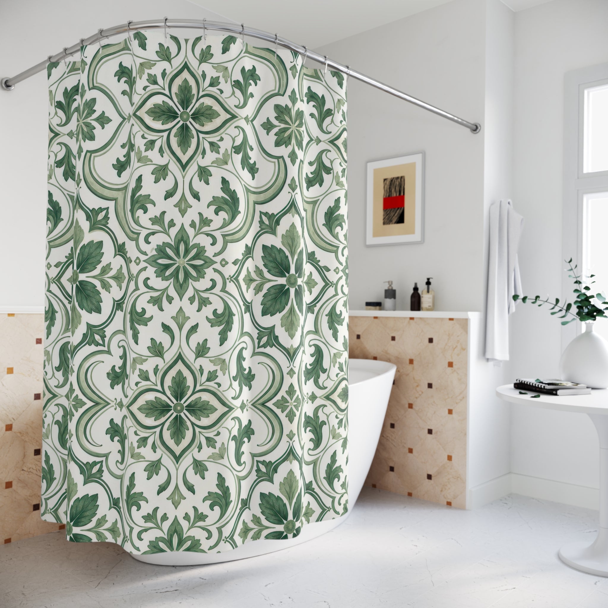 Green White Floral Medallion Shower Curtain