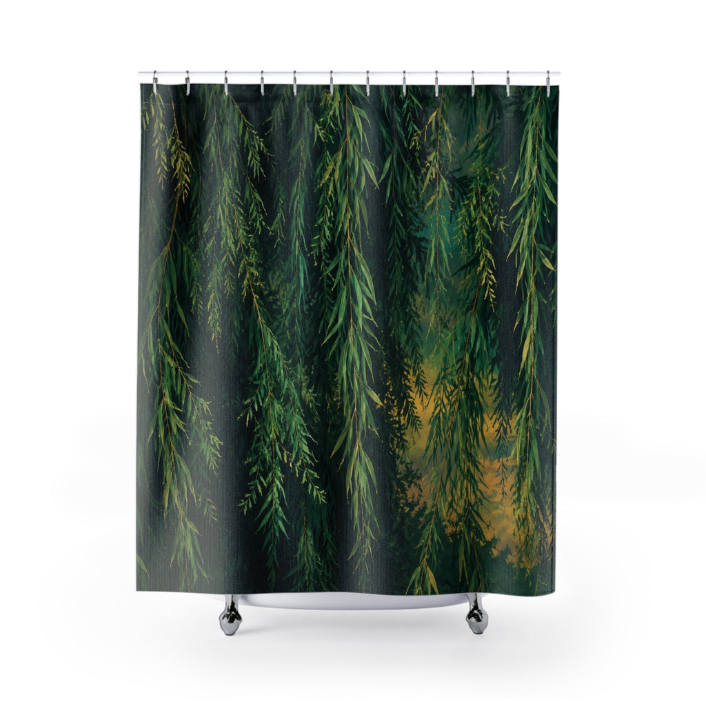 Deep emerald weeping willow canopy shower curtain with full front view