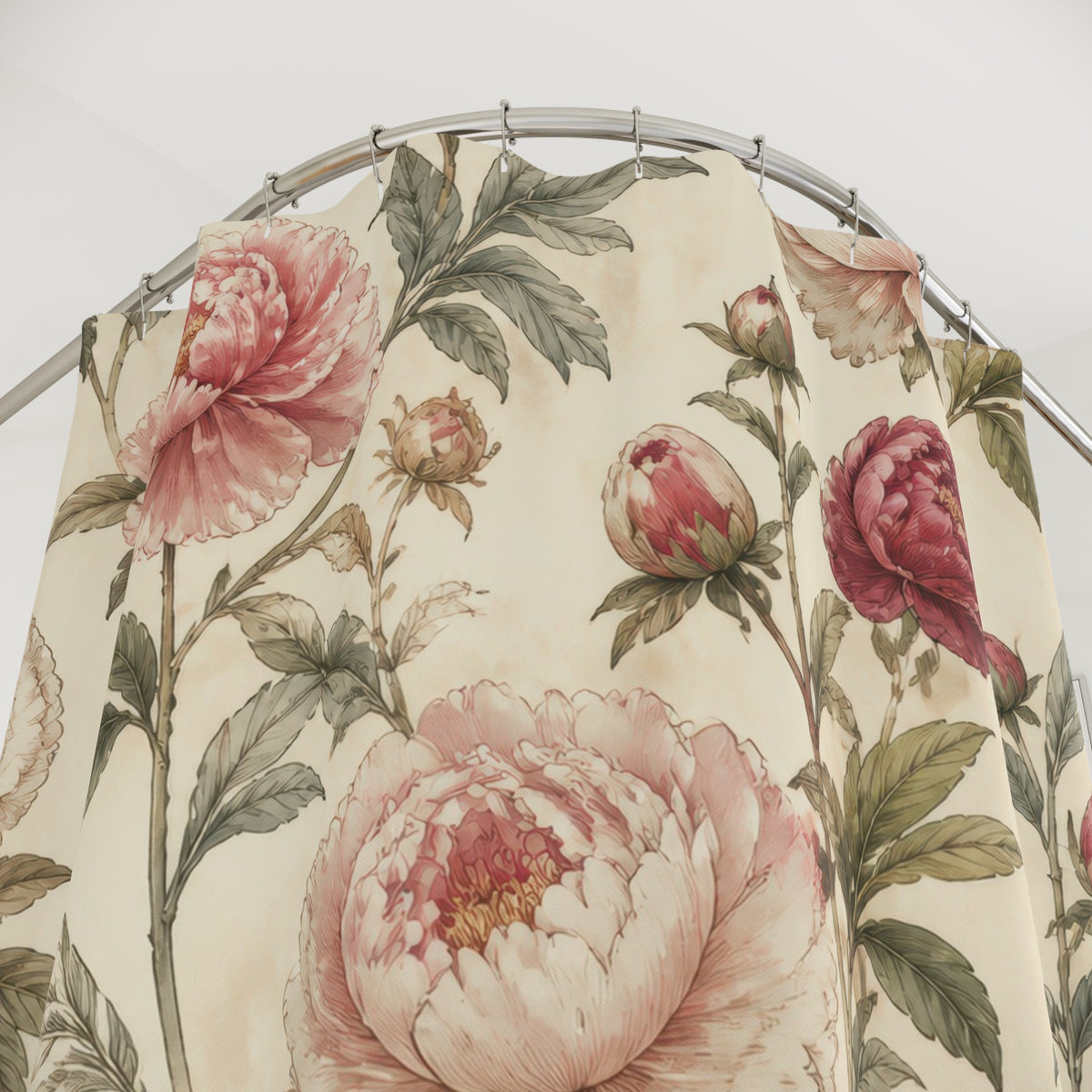 Large Peony Rose vintage floral shower curtain with close-up print, hooks, and folds