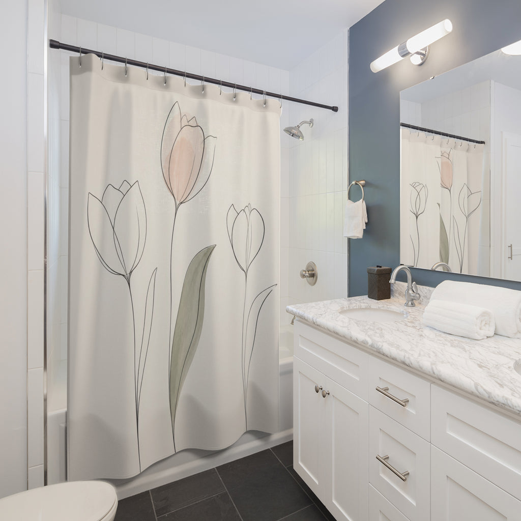 Minimal Tulip Line Art Shower Curtain