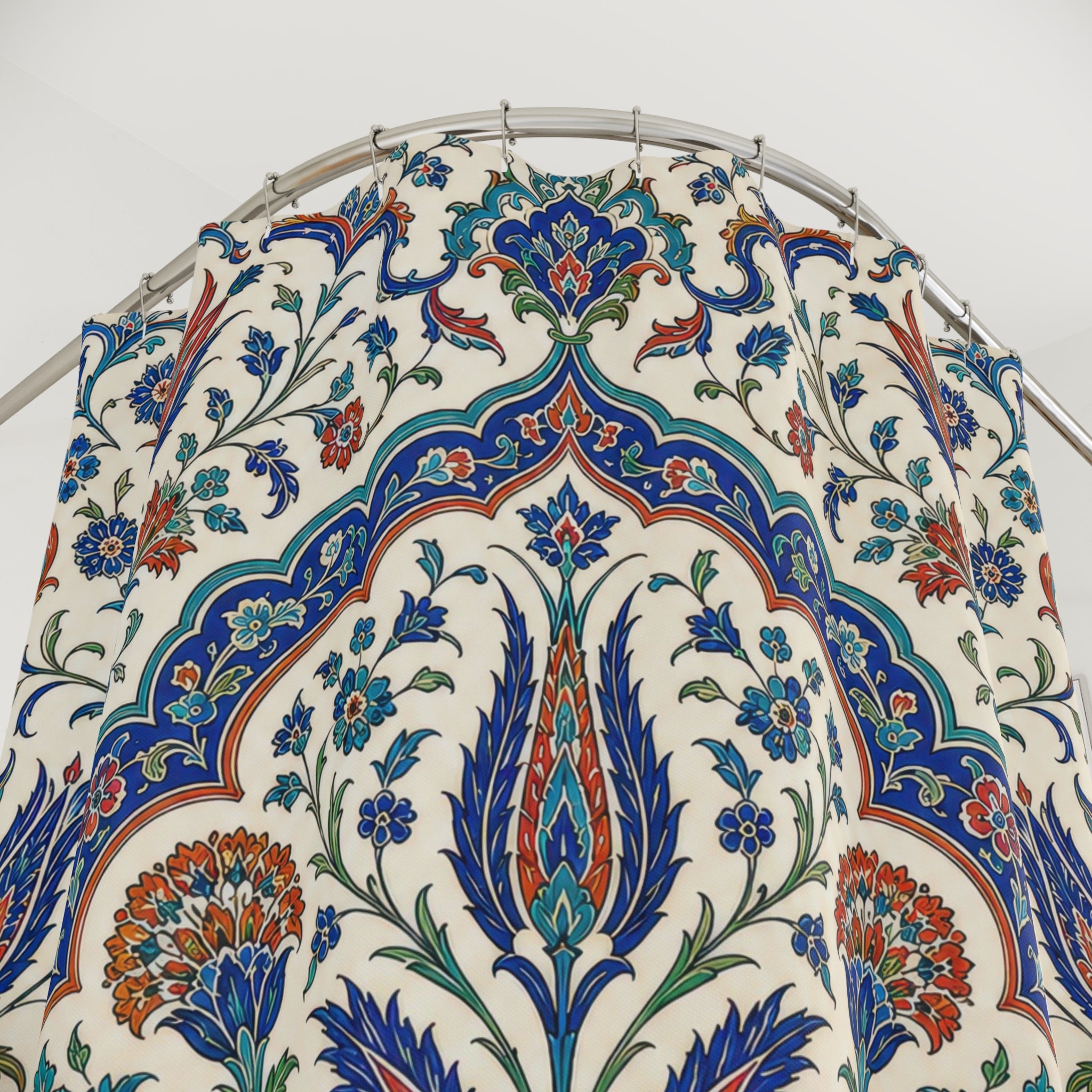 Turkish Shower Curtain: Blue Beige Iznik Tile Floral