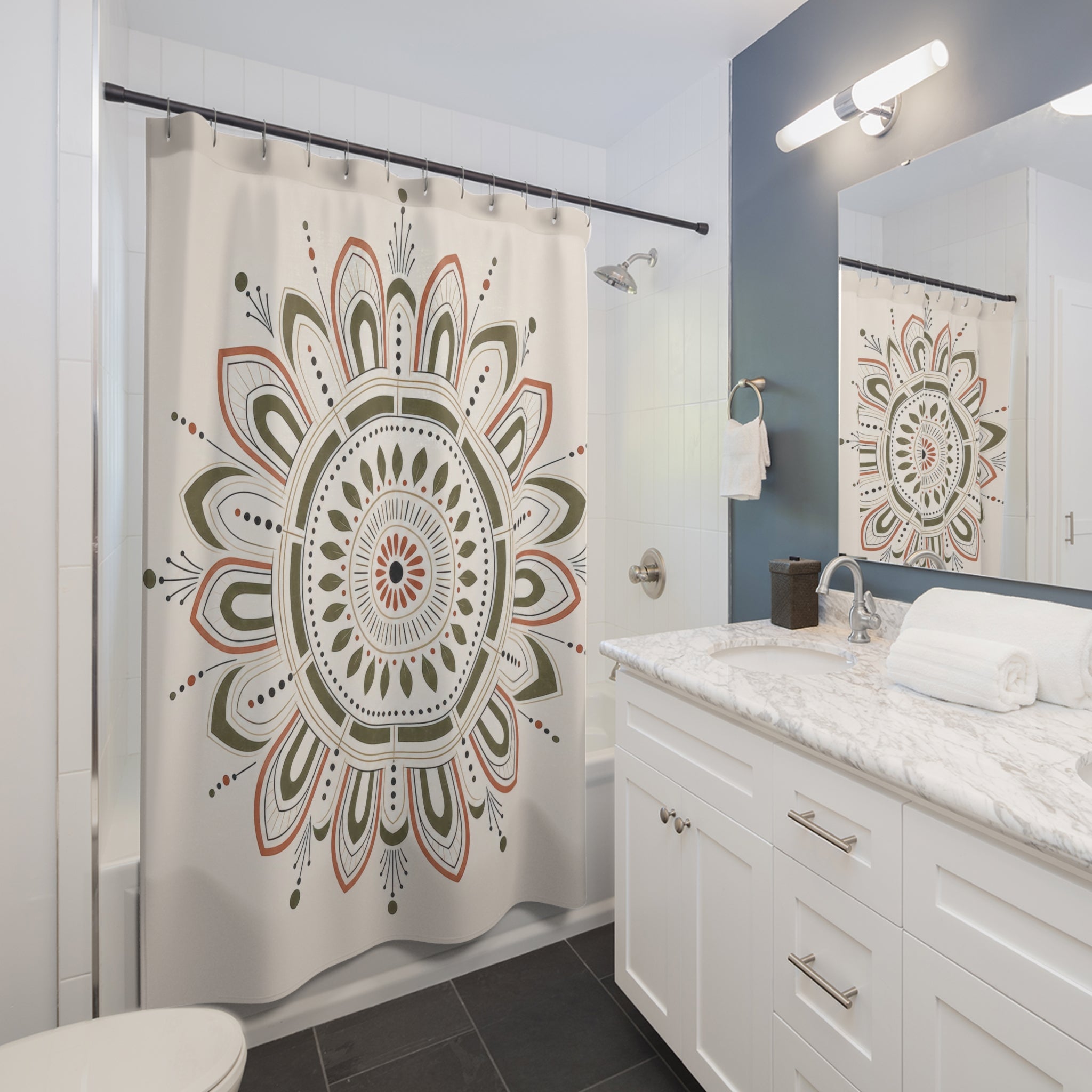 Olive Coral Line Art Medallion Shower Curtain